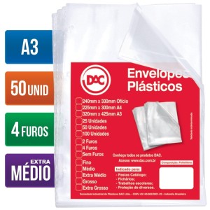 Saco Plástico 4 Furos A3 com 50 Envelopes Extra Médios 5324 DAC