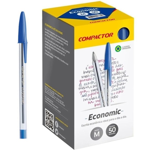 Caneta Esferográfica 1.0mm Economic Azul c/50 Compactor